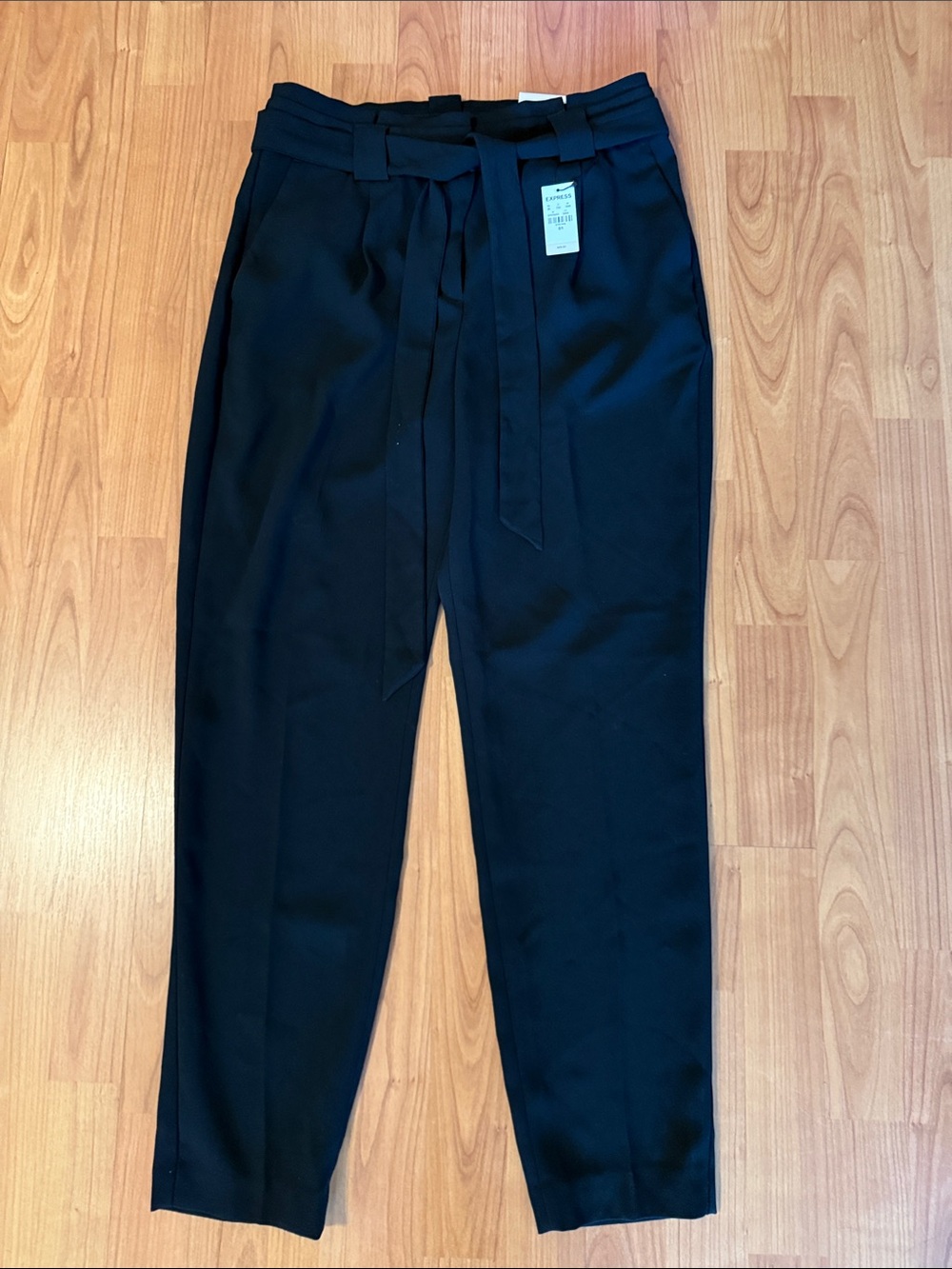 Express Black Tapered Paperbag-Waist Pants with Self-Tie Belt